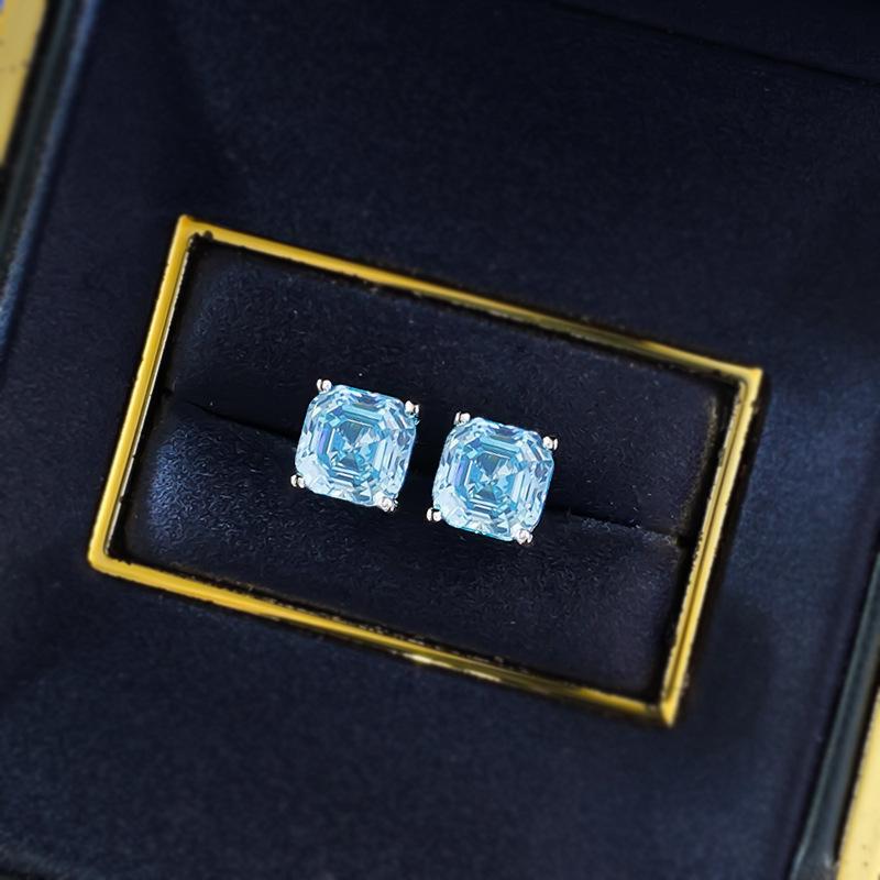 2025 Sea Blue Pagoda Simulated Diamond Stud Earrings in 925 Silver