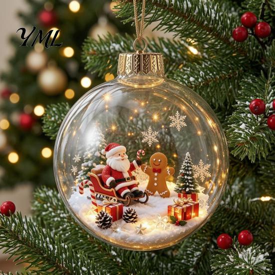 Decorative Hanging Spheres Glowing Christmas Ball Ornaments, Light-Up with Mini Holiday Scene, Acrylic Clear Decorations Tree Decor Warm LED Light for