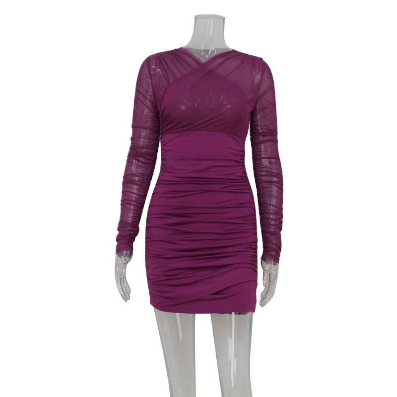 

Женское осеннее модное однотонное марлевое платье с длинными рукавами и плиссированным дизайном на бедрах L фиолетовый