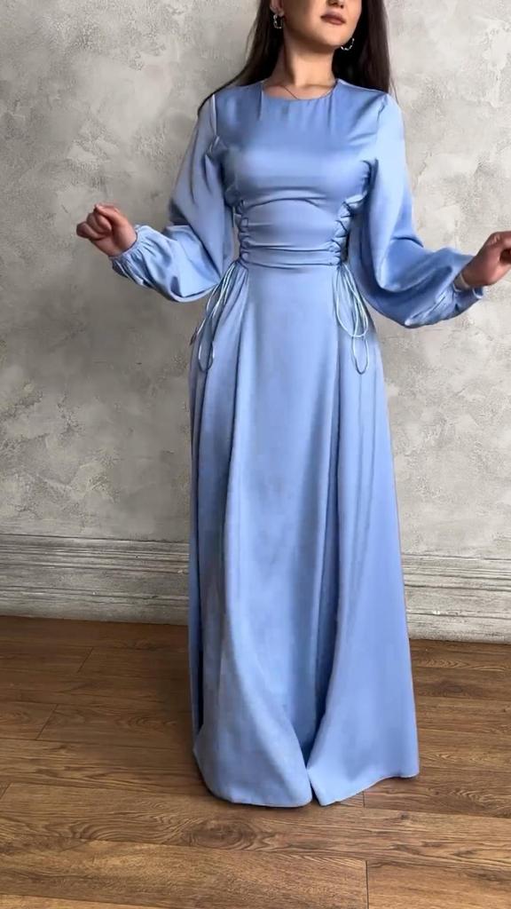 2024 Spring European & American Lace-Up Waist Puff Sleeve Long Dress