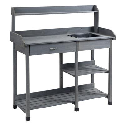 Multi-Equipped Potting Table Gardening Table with Drawer, 3 Shelves, Sink, 3 Hooks - Planting Table Pre-Oiled Fir Wood Grey