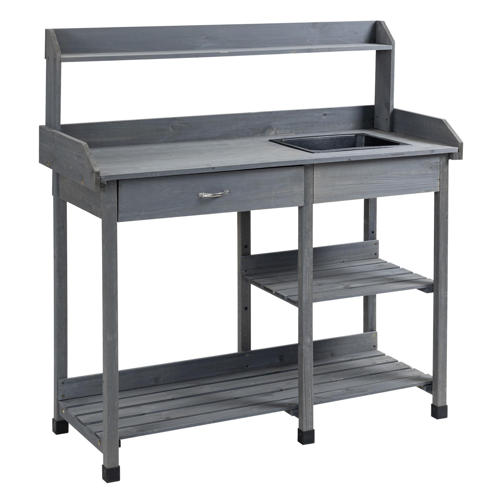 Masă de plantat multifuncțională Masă de grădinărit cu sertar, 3 rafturi, chiuvetă, 3 cârlige - Masă de plantat Lemn de brad pre-uleiat Gri 115 x 45 x 121 cm