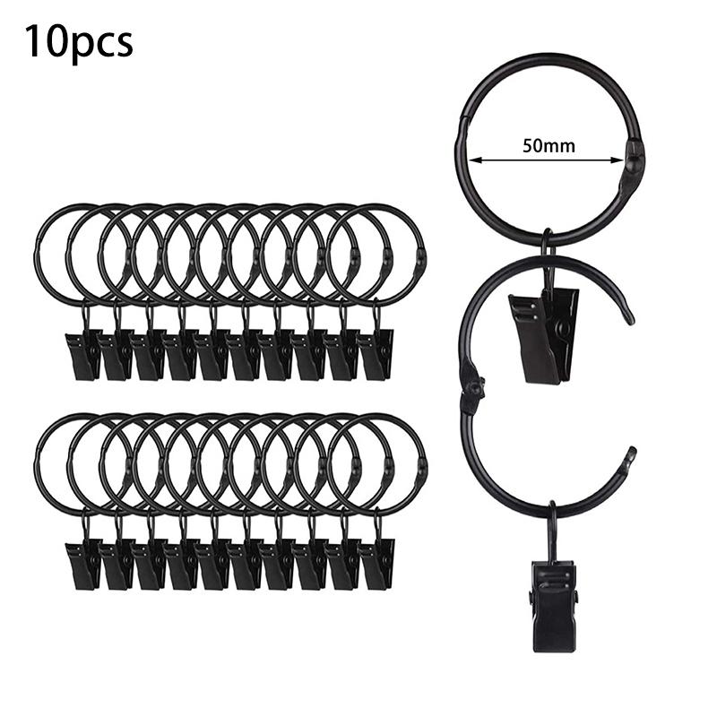 10Pcs Curtain Rings With Clips Metal Curtain Hooks Hangers Black Drapery Clips With Rings Curtain Accessories