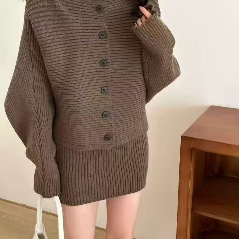 Autumn and winter new loose casual knitted turtleneck long-sleeved sweater women's cardigan top + skirt two-piece set