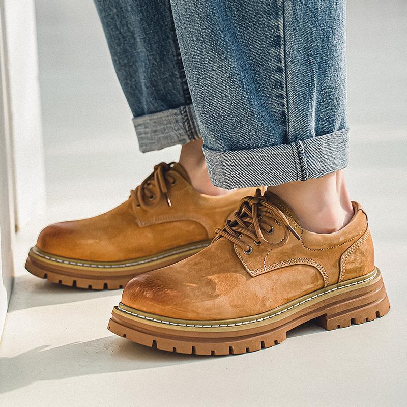 Spring new products men's leather shoes pigskin British retro low-top thick-soled heightening non-slip casual tooling shoes men's versatile