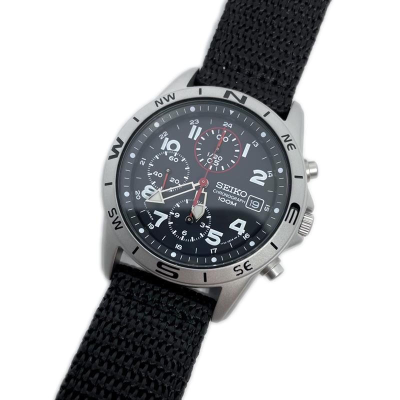 SEIKO Chronograph Japanese black textile watch SND399P1, movement, band, men's , model