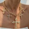 Hip-Hop Punk Style Diamond-Encrusted Cross Pendant Necklace, Fashionable Metal Thick Chain Collarbone Necklace.