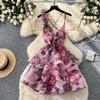 Romantic vacation style V-neck flower print dress women's summer backless strap A-shaped dress sexy temperament thin