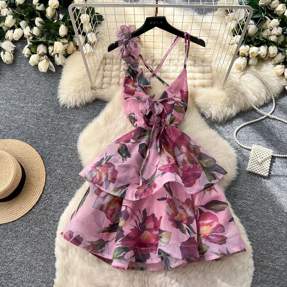 Romantic vacation style V-neck flower print dress women's summer backless strap A-shaped dress sexy temperament thin