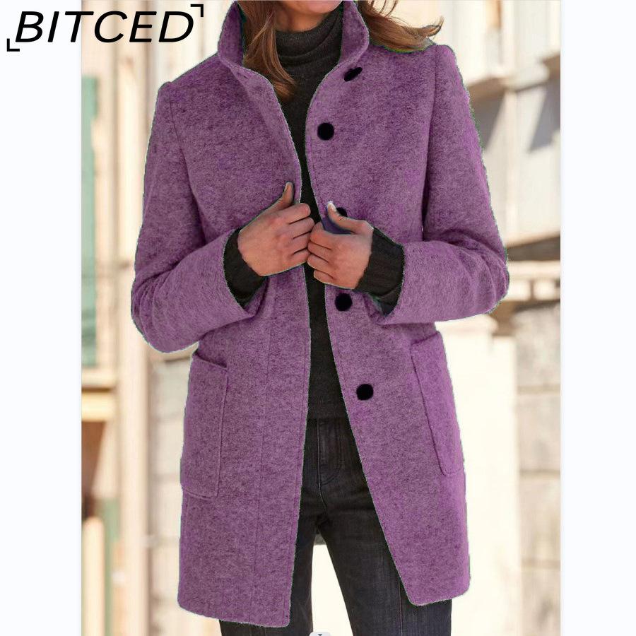 BITCED Autumn/Winter Women's Vintage Solid-Color Button-Up Stand Collar Wool Coat