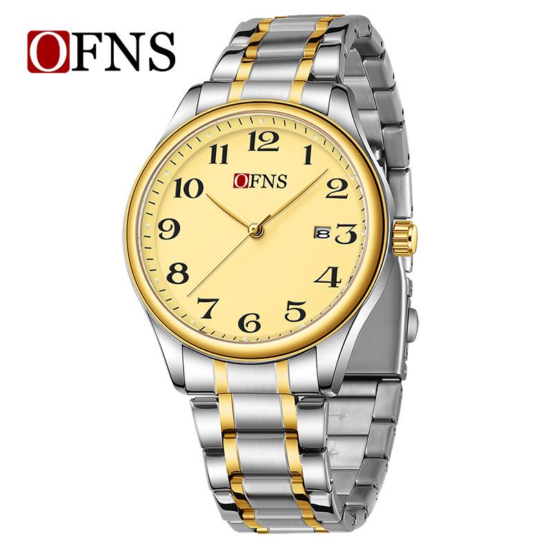 OFNS Couple's Wristwatch - Waterproof, Luminous, Quartz Watch with Steel or Leather Strap, Calendar Feature, for Casual or Business.
