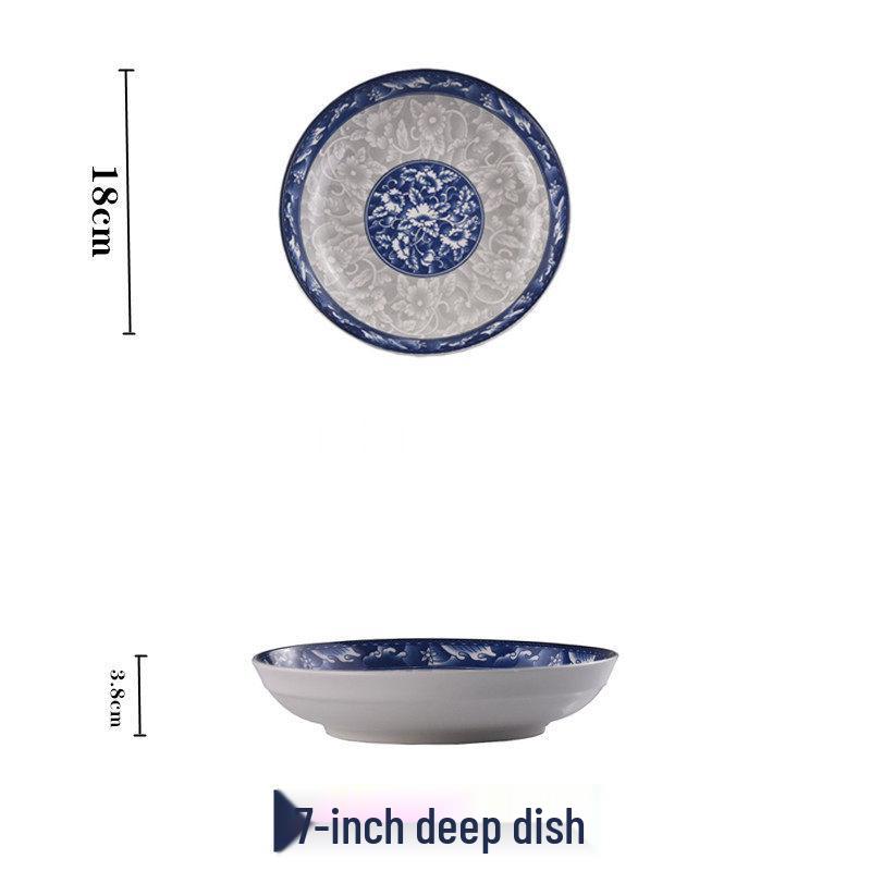 Set de 4 farfurii ceramice japoneze alb-albastru, de 8 inch: Include farfurie adâncă, farfurie pentru orez și farfurie pentru friptură.