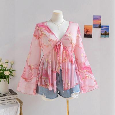 V-neck Printed Vacation-style Women's Flared Sleeve Loose and Flowing Top