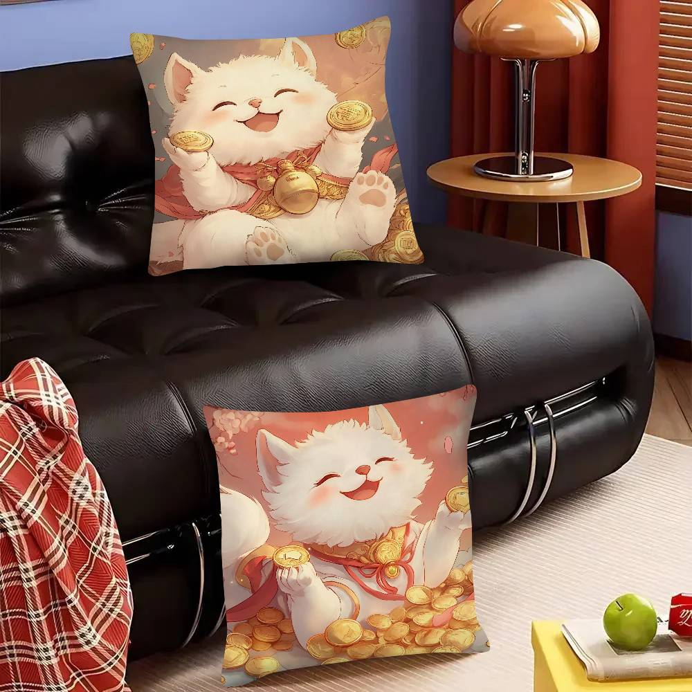 Cute Lucky Cat Pillow Case Fashion Square Pillowcase Bedroom Sofa Room Ins Decoration Leisure