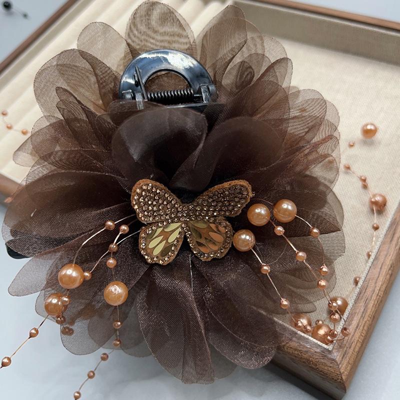 Fashion Elegant Mesh Butterfly Beaded Tassel Hair Claws Women Ponytail Hairpins Headdress Accessories