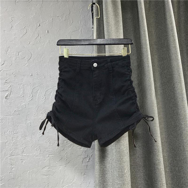 

Молодежные обтягивающие модные и универсальные черные и серые джинсовые шорты женские летние дизайнерские эластичные прямые брюки А-силуэта с завязками на высокой талии M