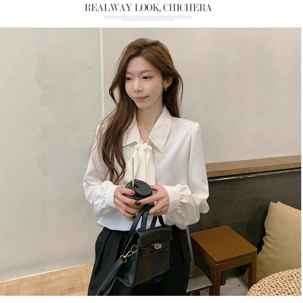 Women's POLO Collar Long Sleeve Loose Fit Bow Decor Blouse Shirt for Daily Office