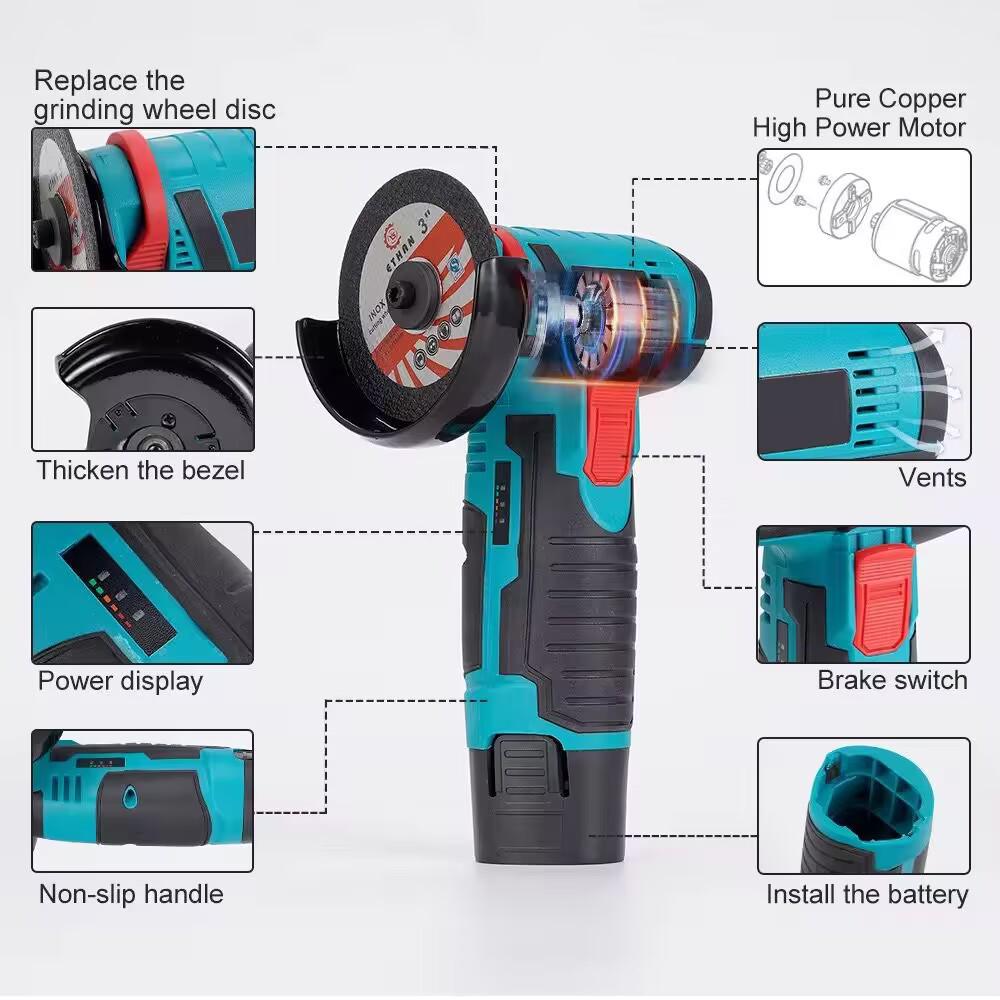 12V Rechargeable Mini Angle Grinder & Polisher, 3-Inch Lithium Battery