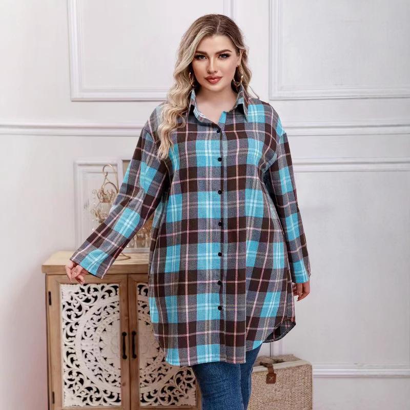 

Платье-рубашка в клетку большого размера с начесом для женщин - Европейская и американская осенне-зимняя коллекция. 5XL небесно-голубой