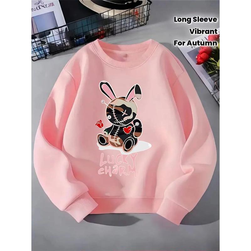 European sizes Kids' Crewneck Sweatshirt - Stitched Bunny with Rose And Heart , Sportswear And Casual Wear, Soft And Comfortable, Children's Clothing