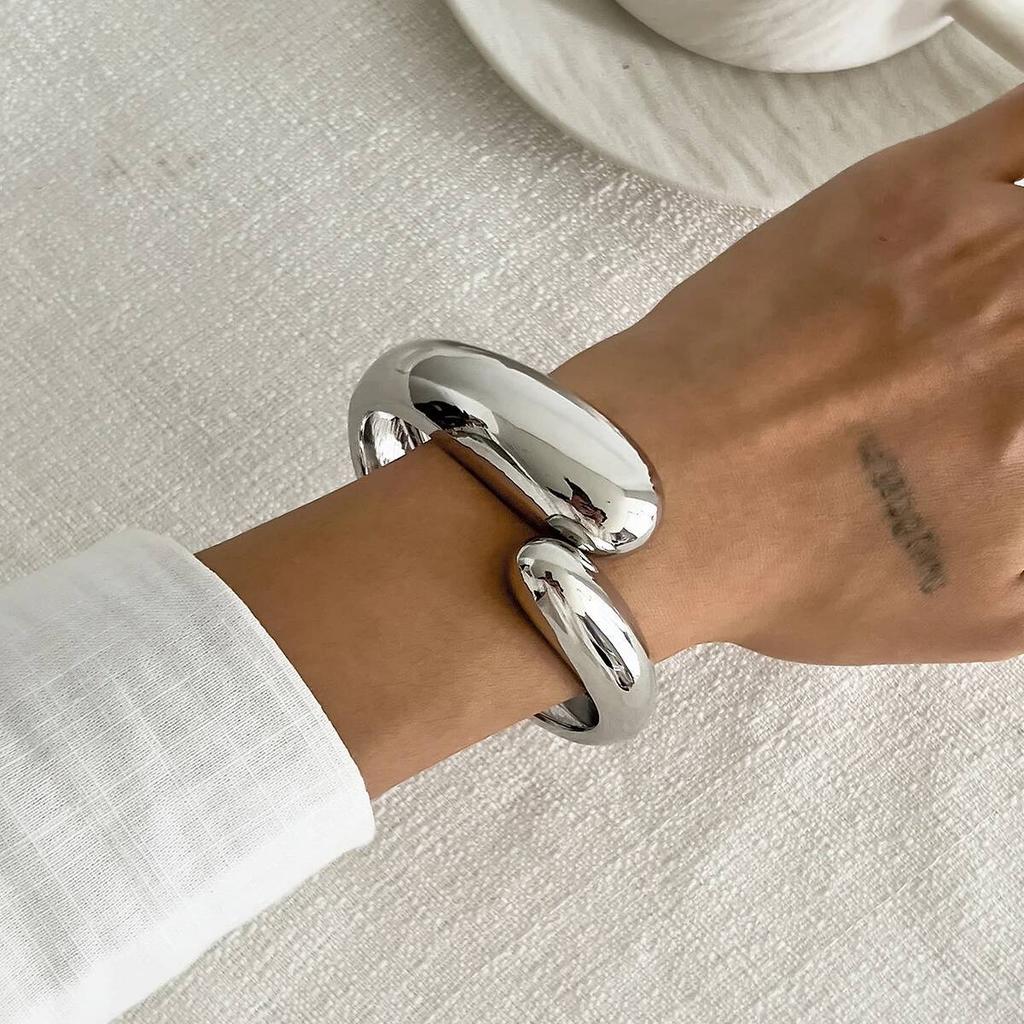 Salircon 3 Styles Exaggerated Punk Geometric Spring Bangle for Women Irregular Chunky Metal Cuff Bracelet Steampunk Jewelry Gift