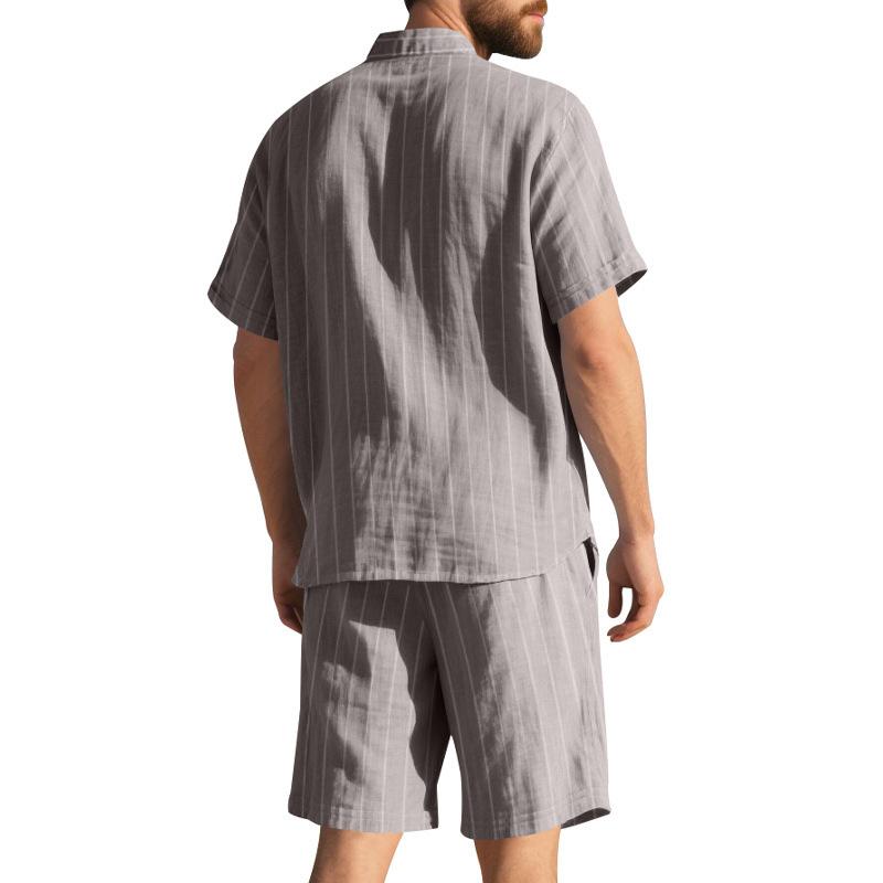 Summer Linen Suit Men's Striped Jacquard Loose Short Sleeve Shirt Beach Shorts Two-piece Set