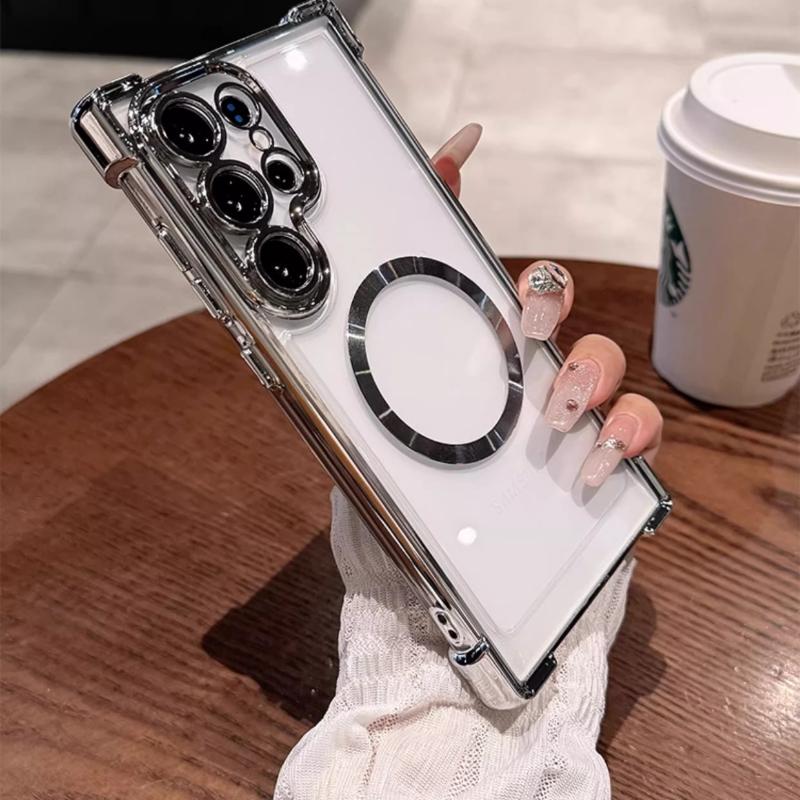 For Magsafe Clear Soft TPU Shockproof Cover For Samsung Galaxy S25 Edge S24 Ultra S23 FE S22 + Plus Magnetic Lens Film Plating Silicone Case