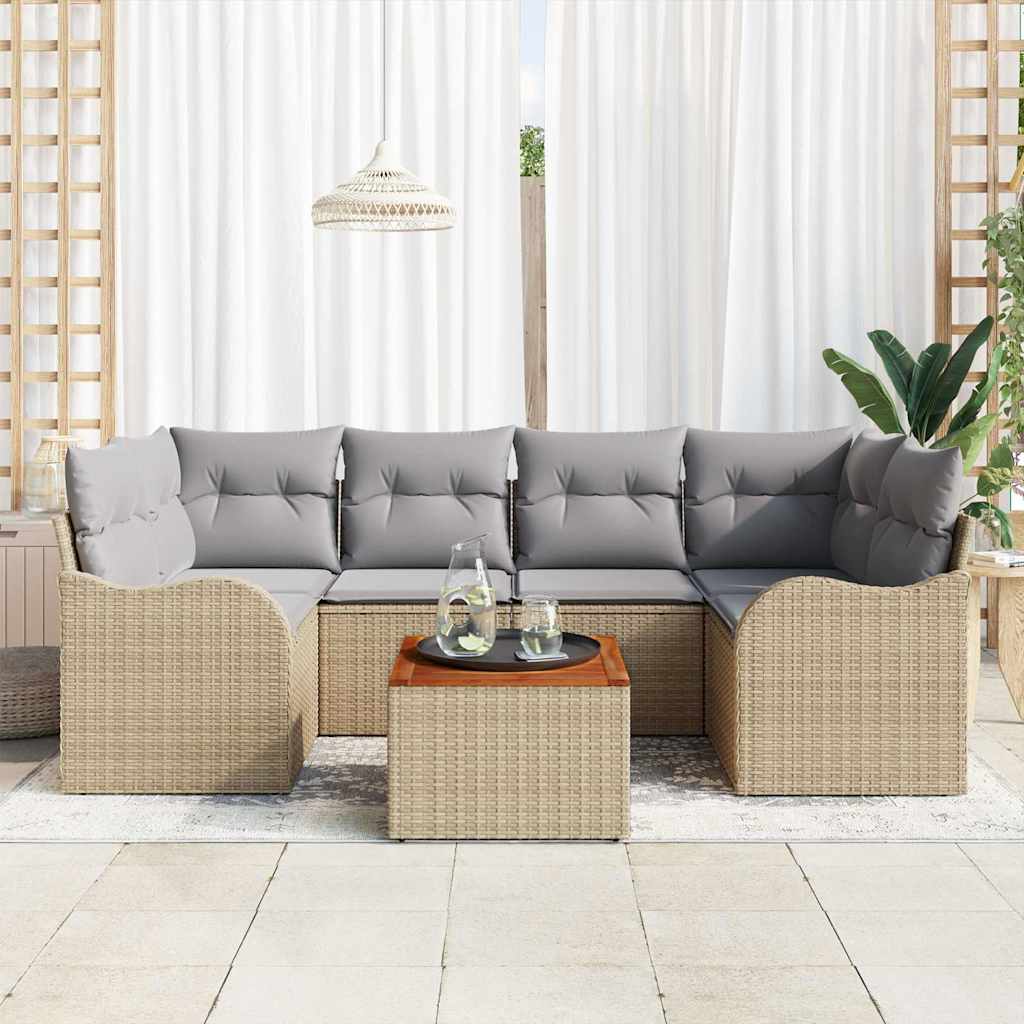 Garden Sofa Set with Cushions 7 Pcs Beige Poly Rattan