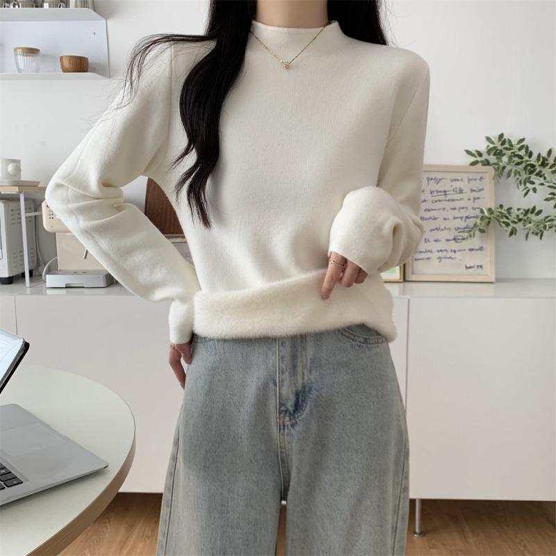 

Warm integrated fleece thickened sweater women s soft waxy fleece bottoming top autumn and winter semi-turtleneck skin-friendly loose top XL белый