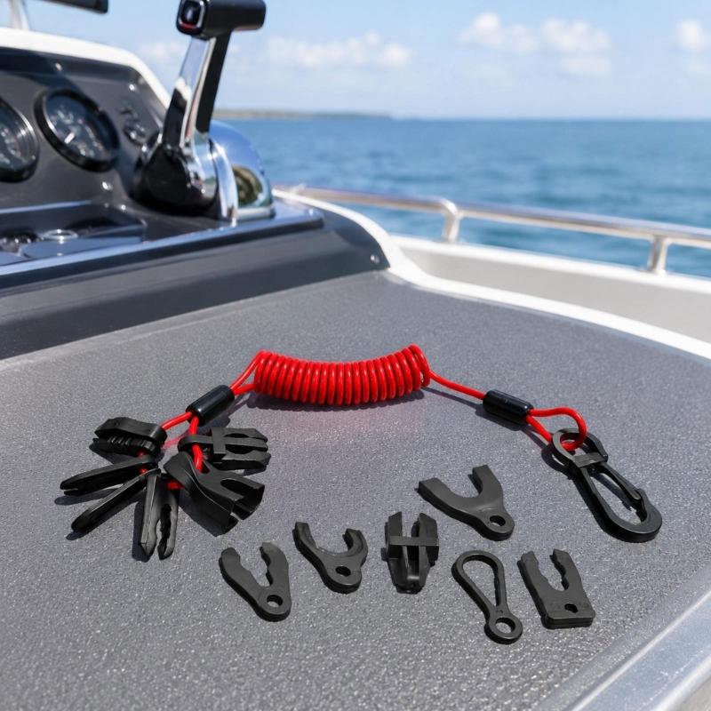 Outboard Boat Stop Cord Set with Stretch TPU Lanyard, 7 Key Clips and Hook Clip for Routine Engine Operation and Travel