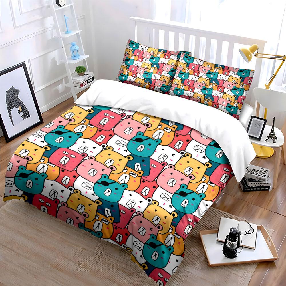 Cartoon Bear Faces Pattern Bedding Duvet Cover Set  (1*Duvet Cover 2*Pillowcases, Without Duvet Insert)