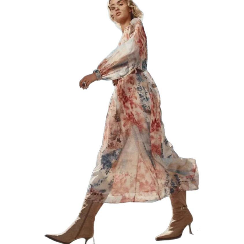 Květinové midi šaty s výstřihem do V a páskem - Dámský evropský a americký styl 2025 Jarní/podzimní kolekce