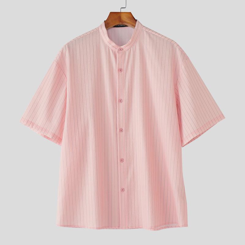 

INCERUN Мужские полосатые рубашки Повседневные с коротким рукавом Застегивающиеся на пуговицы Топы 2XL светло-розовый