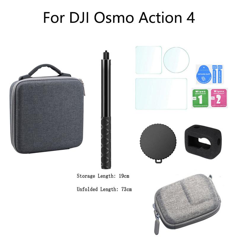 For DJI Osmo Action 4 Extended Bundle Handle+Travel Carrying Bag+9H Tempered Glass Film+Len Case+Windslayer Cover Accessories
