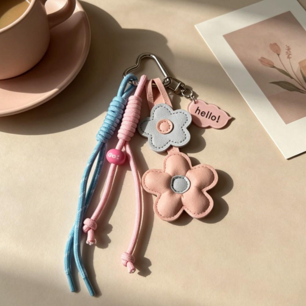 Bag Charm Pink & Blue Flower Leather Bag Charm , Braided Cord & Acrylic Pendant, Cute Pastel Accessory for Women Bags & Keys