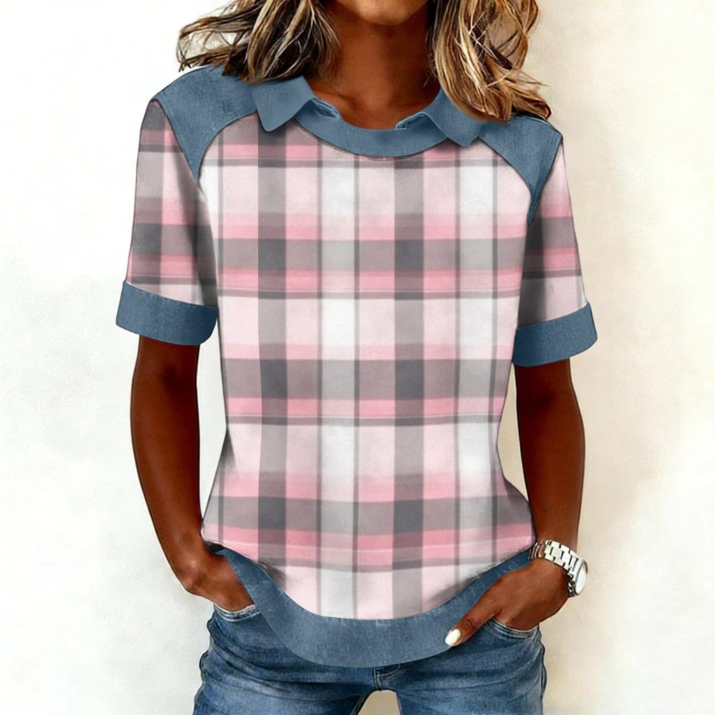 Women's Fashion Collar Cowboy Splicing Sweatshirt Casual Printed Hoodie Short Sleeve Shirt Top