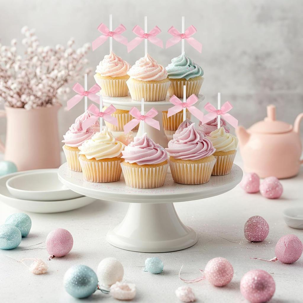 Faccito Pink 50 Sets 6" Bow Cake Pop Sticks DIY Coquette Themed Dessert Decorations for Candy, Lollipop, Cupcake Toppers, Party Decor for Baby