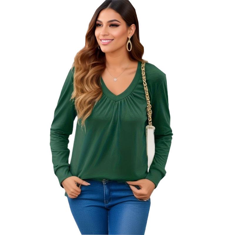 European & American Women's Autumn Ruched V-neck Ruffle Long Sleeve Loose T-shirt