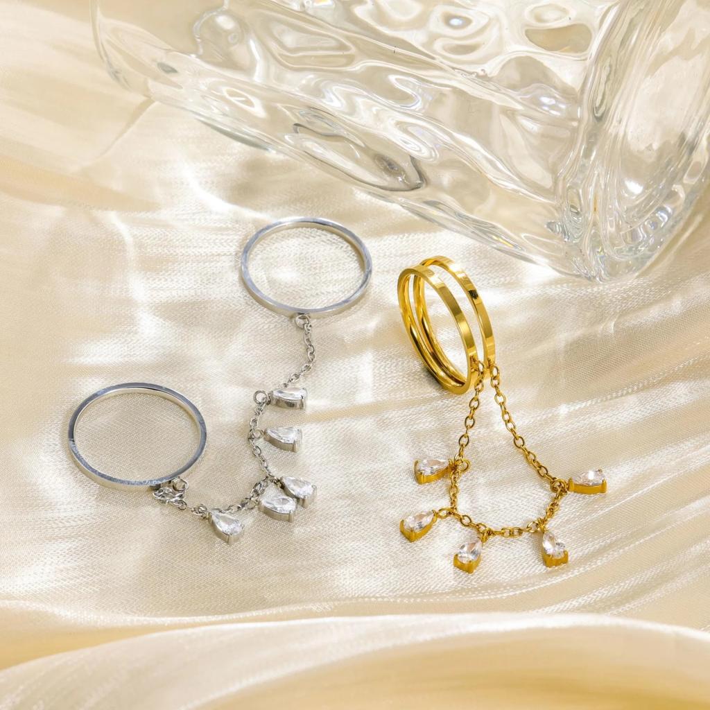 Stainless Steel 18K Gold-Plated Double Hoop Teardrop Zircon Tassel Pendant Rings for Women Boho Tarnish Free Waterproof Jewelry