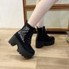 Fashion Spring Autumn Black Punk Platform Motorcycle Boots Women Lace Up Chunky Heel Boots Women Belt Buckle Shoes Women Gothic Shoes