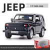 Boxed 1:32 Lada Jeep Alloy Car Model Toy with Pull-Back, Sound, and Light.