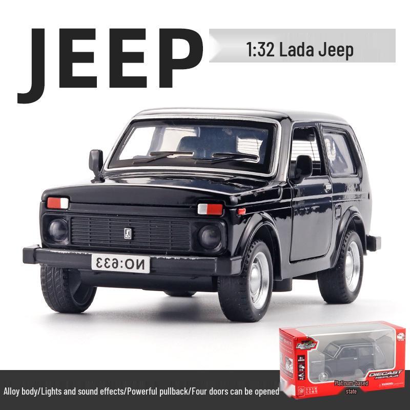 Boxed 1:32 Lada Jeep Alloy Car Model Toy with Pull-Back, Sound, and Light.