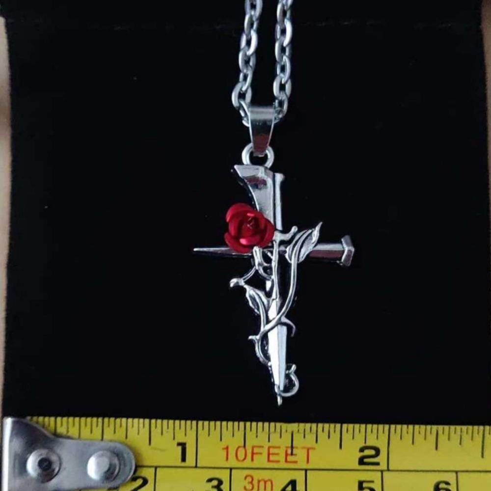 Gothic Punk Simulated Stereo Red Rose Flowers Winding Cross Pendant Stainless Steel Necklace for Women Halloween Witch Jewelry