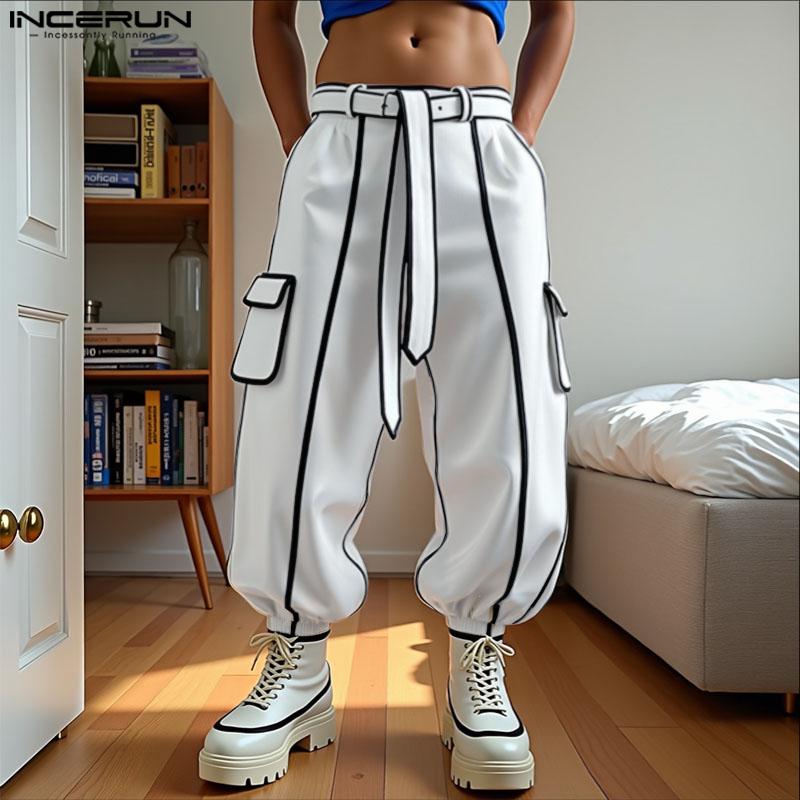 INCERUN Men Elastic Waist Hit Color Belt Casual Thin Harem Pants with Pockets