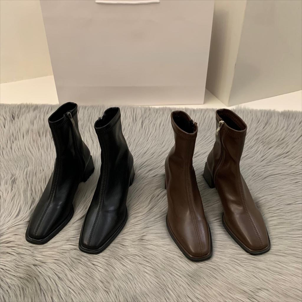 Autumn Winter Design Heel Ankle Boot Fashion Square Toe Zipper Ladies Casual Chelsea Boots Shoes Soft Leather Short Boot