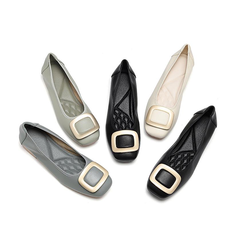 Weiches Leder Weicher Boden Flacher Boden Flacher Ausschnitt Metall Quadratische Schnalle Arbeit Arbeitsschuhe Vielseitig Und Bequem Damen Einzelne Schuhe