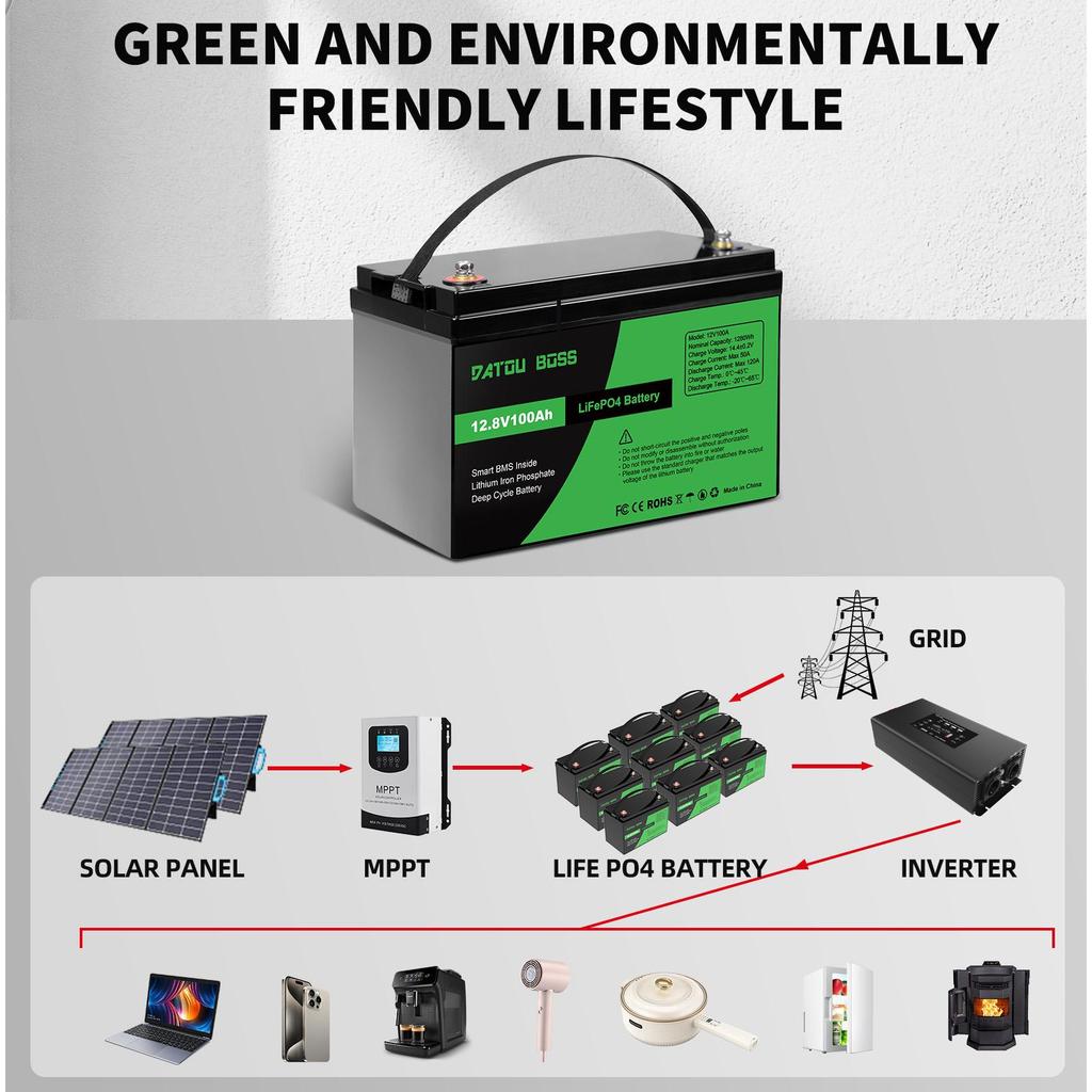 Datouboss 12V 100AH  Lifepo4 Batterie Solaire Lithium Battery Pack Storage for  RV/ Solar System/Trolling Motor/camper