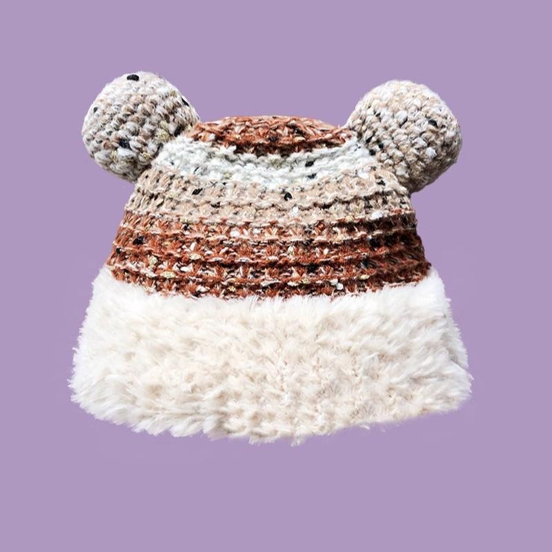 2025 Cute Bear Wool Hat Plush Warm Big Head Circumference Knitted Hat Headgear Season
