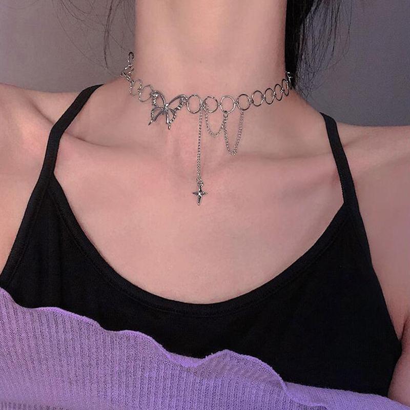 Trendy Personality Butterfly Star Circle Hollow Necklace For Women Punk Clavicle Chain Party Goth Choker Accessories Gift Y2K