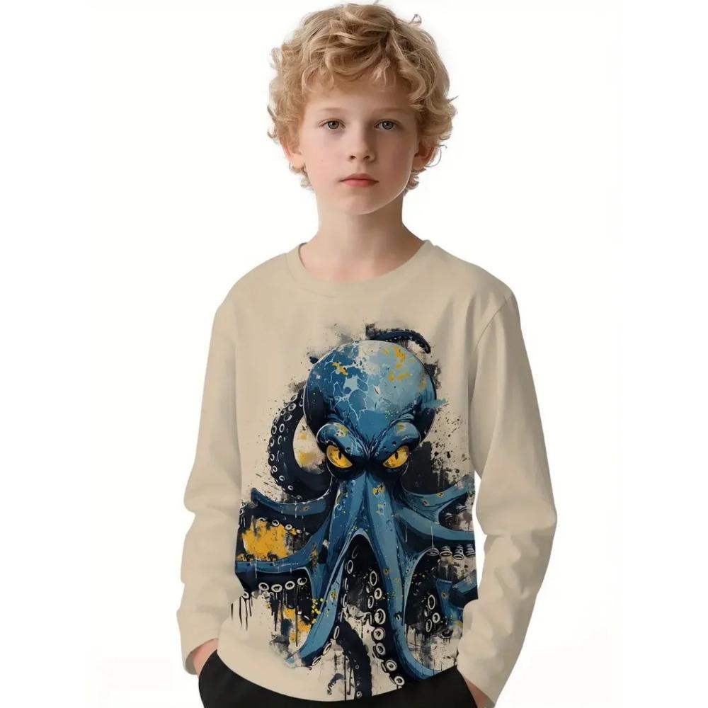 Spring and Autumn Round Neck 3D Animal Printed Top Fashionable Casual Long Sleeved Children's Boy T-shirts